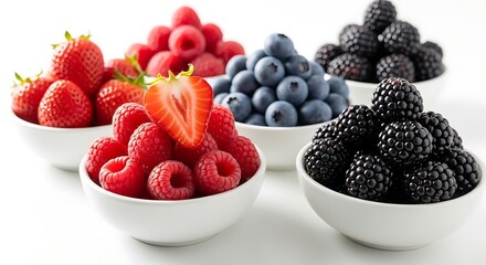 Variety of Fresh Berries in White Bowls on a White Background Delicious and Nutritious Ingredients for Healthy Recipes