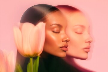 Two women with closed eyes and tulip flowers on pink background  