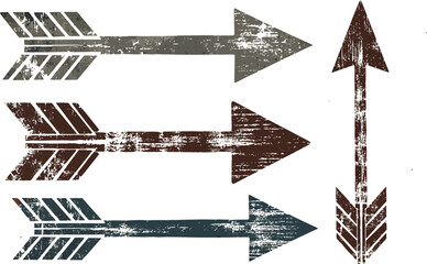 Obraz premium Three horizontal distressed arrows pointing right and one vertical arrow pointing down with rustic texture