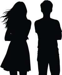 Man and woman silhouette, standing posture illustration, crossed arms body language, couple vector design, minimalistic black figure art, people concept icon