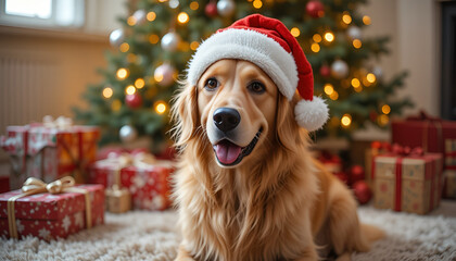 Golden Retriever Christmas Portrait in Santa Hat – Cozy Holiday Pet Photography