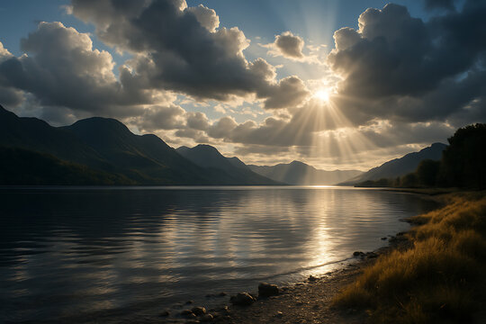 Sunbeams pierce through dramatic clouds over a tranquil lake