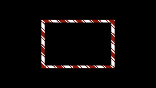 Animated Christmas candy cane frame with diagonal red and white stripes, transparent background and alpha channel, ideal for holiday videos, festive overlays, greeting cards, seasonal design projects