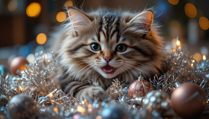 Playful Christmas Cat Tangled in Ornaments and Tinsel – Festive Holiday Scene