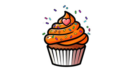 Delicious orange cupcake with heart and sprinkles, a sweet treat.