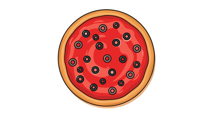 Delicious Round Pizza with Black Olives and Red Sauce.