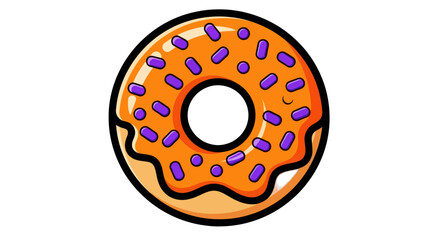 Delicious orange glazed donut with purple sprinkles and a perfect hole.