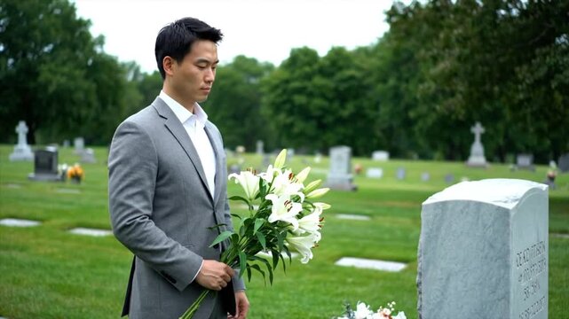 Young man in a suit stands solemnly with flowers at a gravesite in a green cemetery