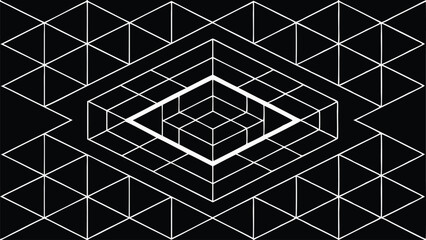 White Geometric Wireframe Cube Structure on Black Background vector illustration