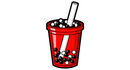 Delicious red cup of bubble tea with straw and tapioca pearls.