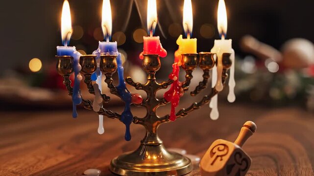 Hanukkah Celebration - A Festive Display of Candles and Dreidel on Table.