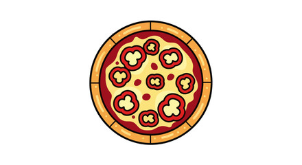 Delicious pizza with red pepper toppings on a wooden crust ready to eat.