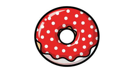 Delicious red donut with white polka dots and a sweet glaze.