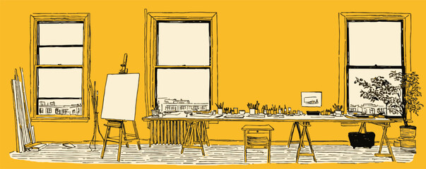 A drawing of a room with a desk and a chair. The room is yellow and has a window