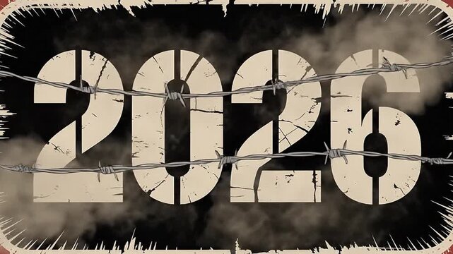 Year two thousand twenty six with barbed wire and smoke illustration