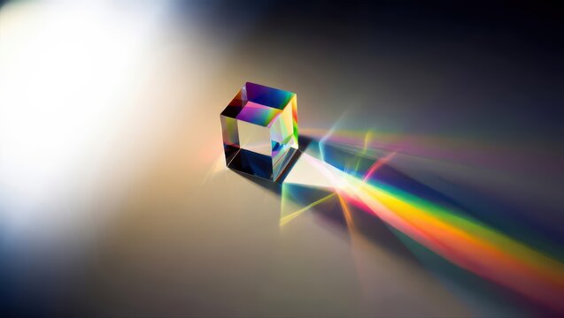 A clear glass prism refracts a beam of white light into a spectrum of rainbow colors on a reflective surface.