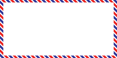 Air mail letter. Post stamp. Airmail frame postcard. Blue red stripes pattern. Mockup template envelope. Vector illustration
