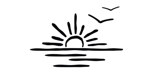 Cartoon drawing half sun or sunlight and bird. Shining rays of light. Sunrise suns. Weather tools. Power, Sun rise line pattern. Sunshine sunset. water, sea surface. Downwards or upwards wave.