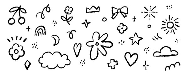 Black set children cartoon doodle style. Collection outline scribble, cloud, sun and flowers. Graphic elements