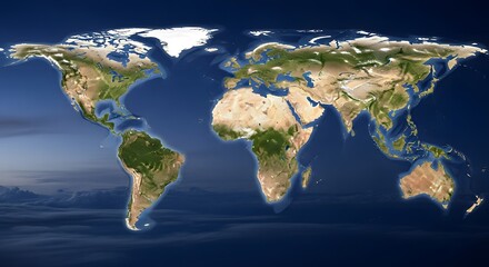 World map illustration displaying continents and oceans against a blue background