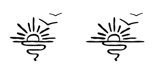 Cartoon drawing half sun or sunlight and bird. Shining rays of light. Sunrise suns. Weather tools. Power, Sun rise line pattern. Sunshine sunset. water, sea surface. Downwards or upwards wave.