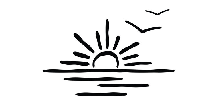 Cartoon drawing half sun or sunlight and bird. Shining rays of light. Sunrise suns. Weather tools. Power, Sun rise line pattern. Sunshine sunset. water, sea surface. Downwards or upwards wave.