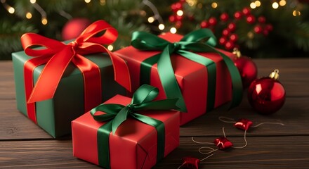 Wrapped gift boxes with ribbons holiday festive decoration wooden background