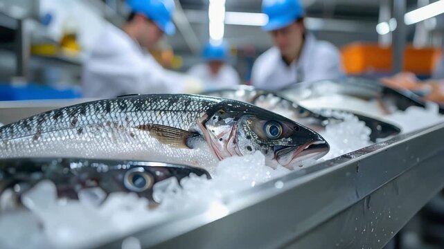 Close-Up of Fresh Fish on Crushed Ice in Seafood Processing Facility, 4K
