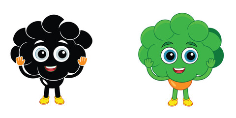 Dual bubbly broccoli character with a rounded fluffy in white background