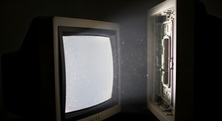 A vintage television set with a curved screen displaying static, placed in a dark room with dust particles visible in the light beam