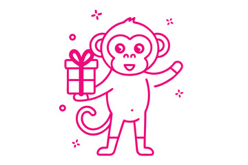 Line art magenta monkey character presents gift while waving cheerfully on white backdrop