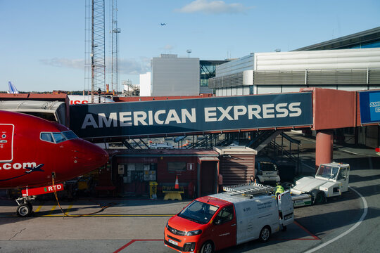 AMERICAN EXPRESS branded jet bridge connected to aircraft at airport terminal - Stockholm, Sweden - October 16 2025