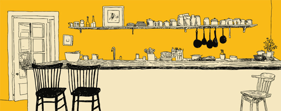 A kitchen with a yellow wall and a black chair. The chair is empty. There are many pots and pans on the counter
