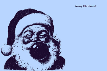Neon Retro Santa Claus Poster — Vintage Xerography Engraving Style Santa Blowing Bubblegum Illustration on Soft Blue Christmas Background
