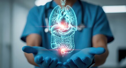 Doctor holding a holographic projection of the human digestive and respiratory systems, highlighting areas of concern.