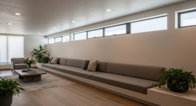 Architectural living space featuring built-in seating and clerestory windows