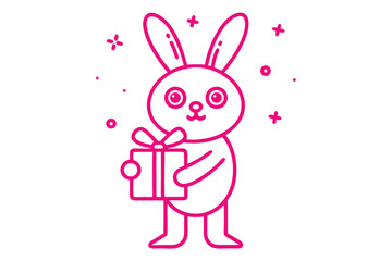 Pink linear rabbit happily carries present surrounded by playful shapes on a white background
