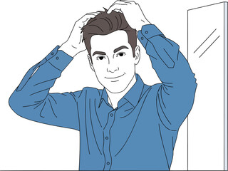Man Styling Hair In Front Of Mirror For A Sharp Look