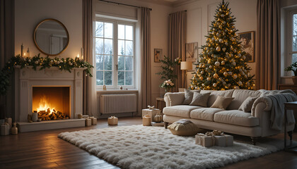 Warm Cozy Christmas Living Room with Fireplace and Golden Holiday Decorations