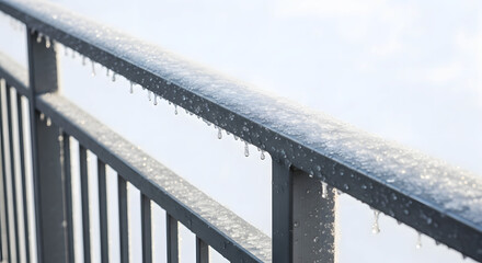 Sleet on metal railing with water droplets glistening in winter  