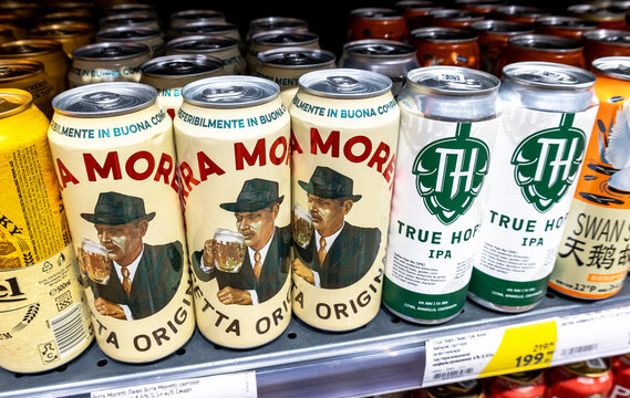 Birra Moretti alcoholic beer ready for sale at a superstore. Canned alcoholic beverages and spirit drinks