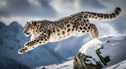 Powerful Snow Leopard Leaping Across Snowy Peak