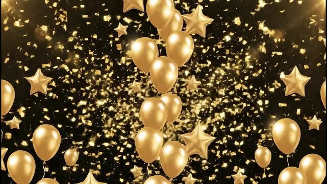 Golden balloons fill the frame, in a mix of star and circular shapes. The celebratory pattern suggests a luxurious party or event.

