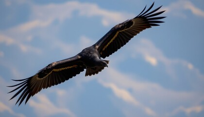 Fototapeta premium A large eagle flying with its wings spread wide against a clear sky.
