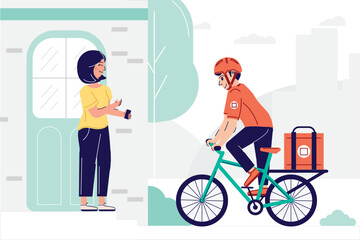 Woman Receiving Delivery Order from Courier on Bicycle with Thermal Bag