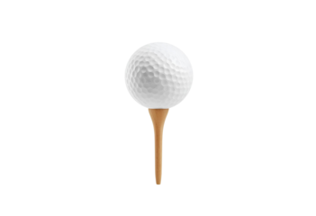 White dimpled golf ball on wooden tee ready for perfect game play.