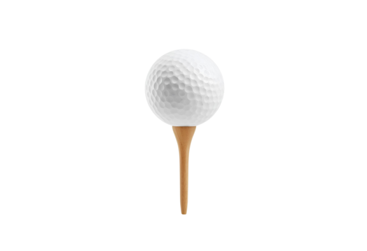White dimpled golf ball on wooden tee ready for perfect game play.