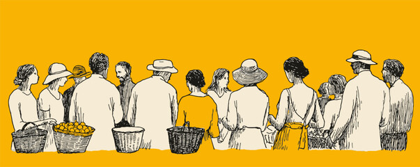 A group of people are standing in a line, some wearing hats. The image has a vintage feel to it. The yellow background adds a warm