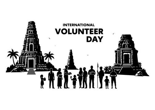 Volunteer day celebration with people and traditional temples isolated on transparent background, isolated on white background, Vector