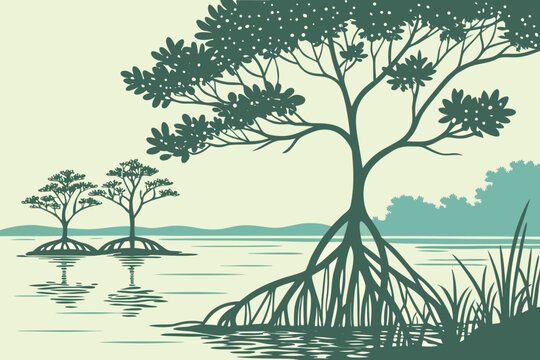 Coastal mangrove forest with root patterns, calm shallow water reflections, gentle tropical color palette